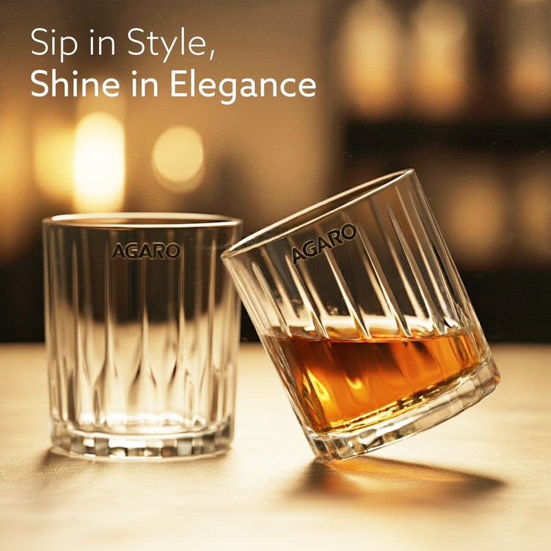 AGARO Elegant Whiskey Glass, Set of 6, 325ML, Vertical Stripe Cut Design, Crystal Clear Tumbler Set, Home, Bar Drinking 
