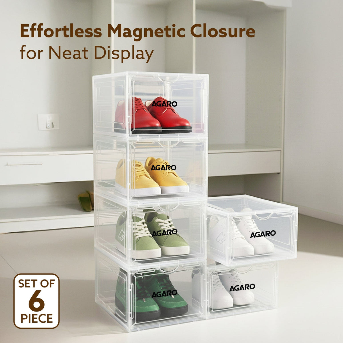 AGARO Stackable Shoe Storage Box Organizer | Heavy Duty, Transparent, Plastic Sneaker Crates Container with Magnetic Doo