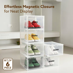 AGARO Stackable Shoe Storage Box Organizer | Heavy Duty, Transparent, Plastic Sneaker Crates Container with Magnetic Doo