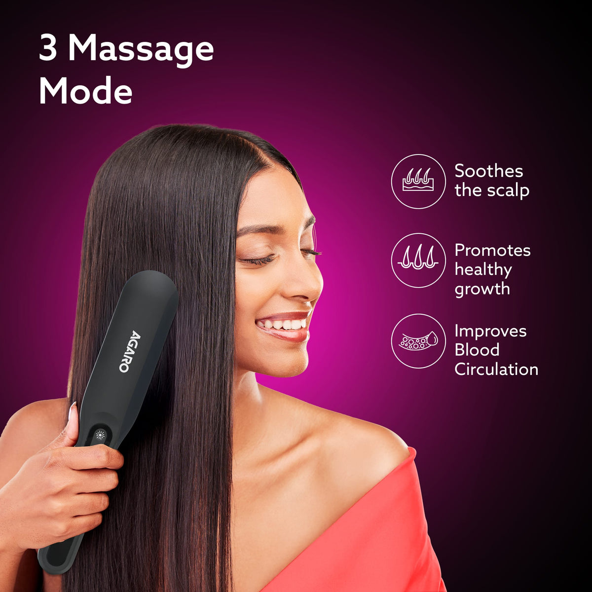 AGARO Rechargeable LED Hair Therapy Comb – Red & Blue Light with Vibration Massage | Boosts Growth, Reduces Hair Fall & 