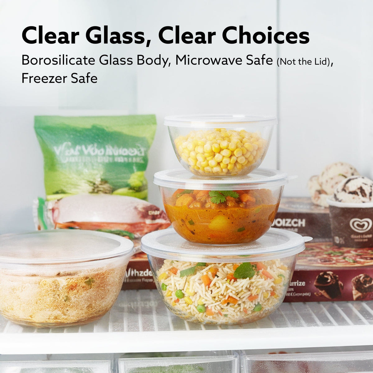 AGARO Elite Glass Bowl With Lid, 3 pcs Set - 500, 800,1600 ml