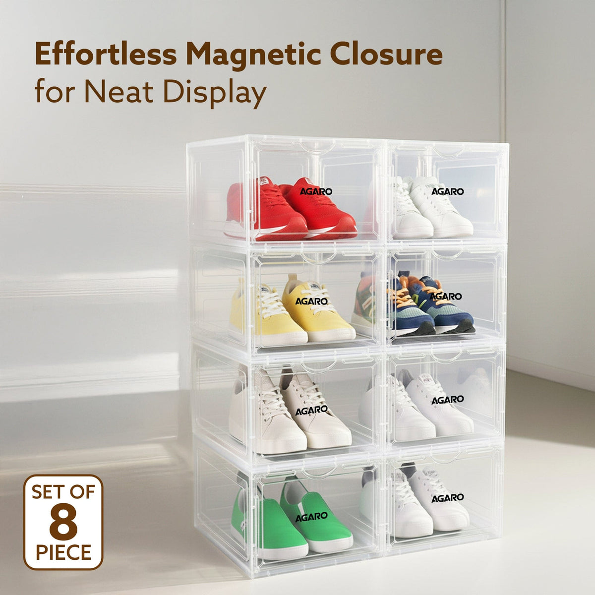 AGARO Stackable Shoe Storage Box Organizer | Heavy Duty, Transparent, Plastic Sneaker Crates Container with Magnetic Doo