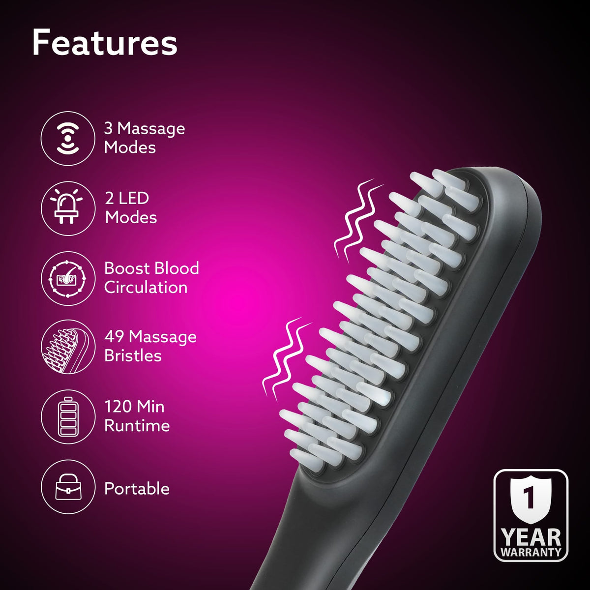 AGARO Rechargeable LED Hair Therapy Comb – Red & Blue Light with Vibration Massage | Boosts Growth, Reduces Hair Fall & 