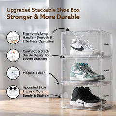 AGARO Stackable Shoe Storage Box Organizer | Heavy Duty, Transparent, Plastic Sneaker Crates Container with Magnetic Doo