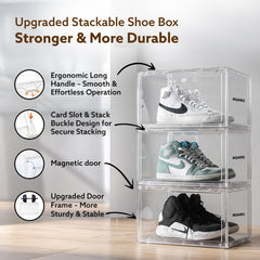 AGARO Stackable Shoe Storage Box Organizer | Heavy Duty, Transparent, Plastic Sneaker Crates Container with Magnetic Doo