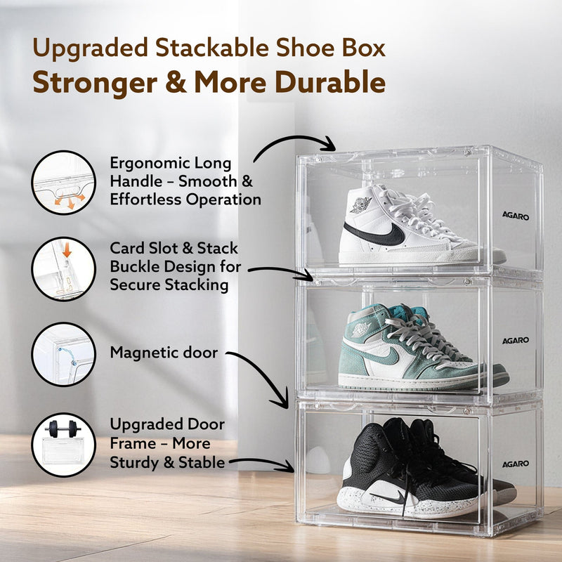 AGARO Stackable Shoe Storage Box Organizer | Heavy Duty, Transparent, Plastic Sneaker Crates Container with Magnetic Doo