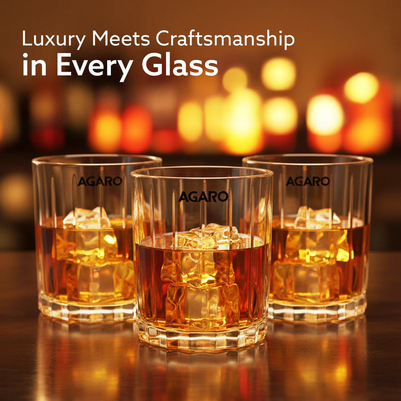 AGARO Elegant Whiskey Glass, Set of 6, 325ML, Vertical Stripe Cut Design, Crystal Clear Tumbler Set, Home, Bar Drinking 