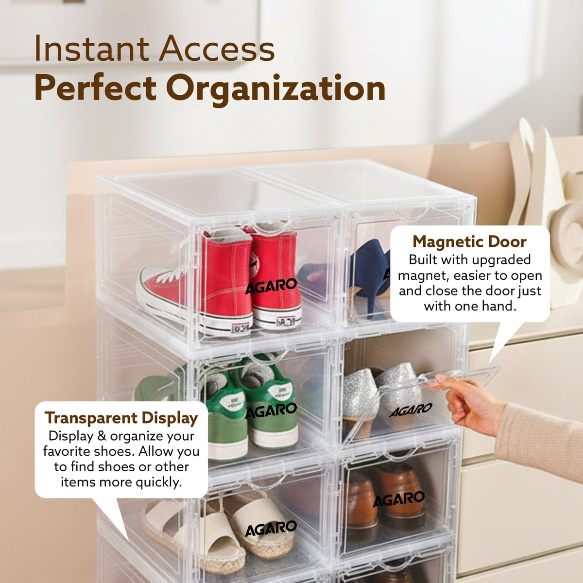 AGARO Stackable Shoe Storage Box Organizer | Heavy Duty, Transparent, Plastic Sneaker Crates Container with Magnetic Doo
