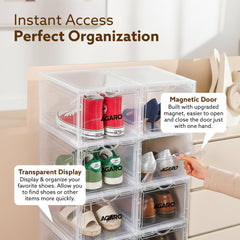 AGARO Stackable Shoe Storage Box Organizer | Heavy Duty, Transparent, Plastic Sneaker Crates Container with Magnetic Doo