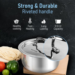 AGARO Regency Triply Tope 3.5L with Stainless Steel Lid, 2.5mm Thick Body, Rivetted Handle, Induction & Gas Compatible, 