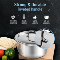 AGARO Regency Triply Tope 4.5L with Stainless Steel Lid, 2.5mm Thick Body, Rivetted Handle, Induction & Gas Compatible, 