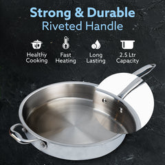 AGARO Regency Triply Saute Pan 2.5L with Lid, 26 cm, Rivetted & Stay Cool Handle, Fast Heat Absorb & Retain, Food Safe, 