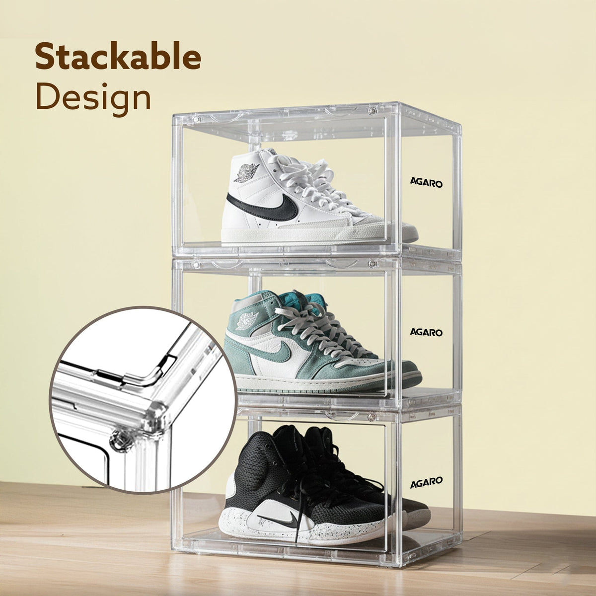 AGARO Stackable Shoe Storage Box Organizer | Heavy Duty, Transparent, Plastic Sneaker Crates Container with Magnetic Doo