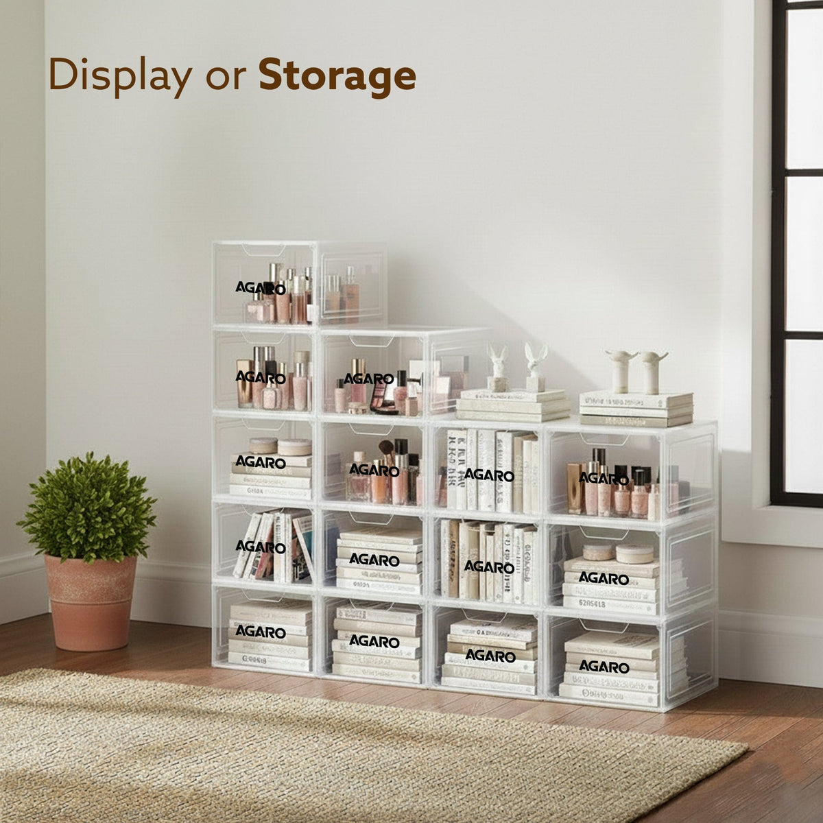 AGARO Stackable Shoe Storage Box Organizer | Heavy Duty, Transparent, Plastic Sneaker Crates Container with Magnetic Doo