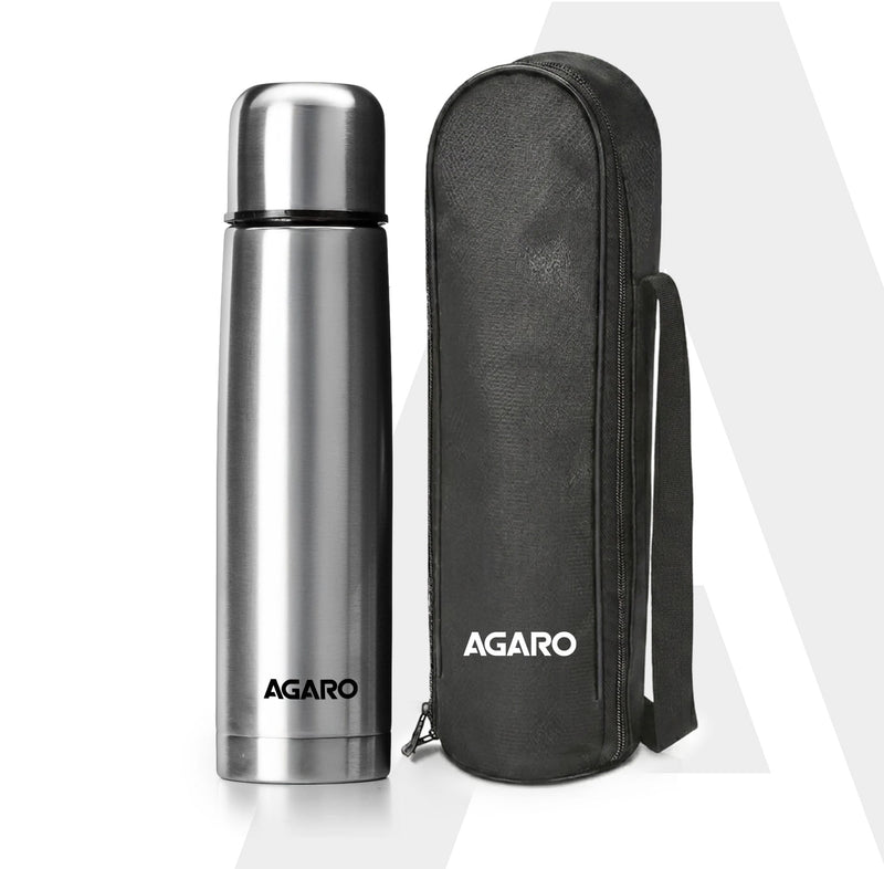 AGARO Delite Stainless Steel Flask with Bag, 1000ml, Up to 24 Hrs Hot & Cold, ISI Certified, Triple Vacuum Insulated, Le