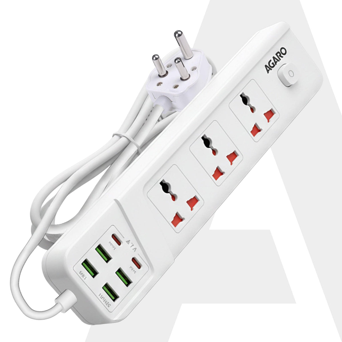 AGARO Regal Extension Board 3 Universal Sockets, 4 USB + 2 Type-C Fast Charging, 2500W