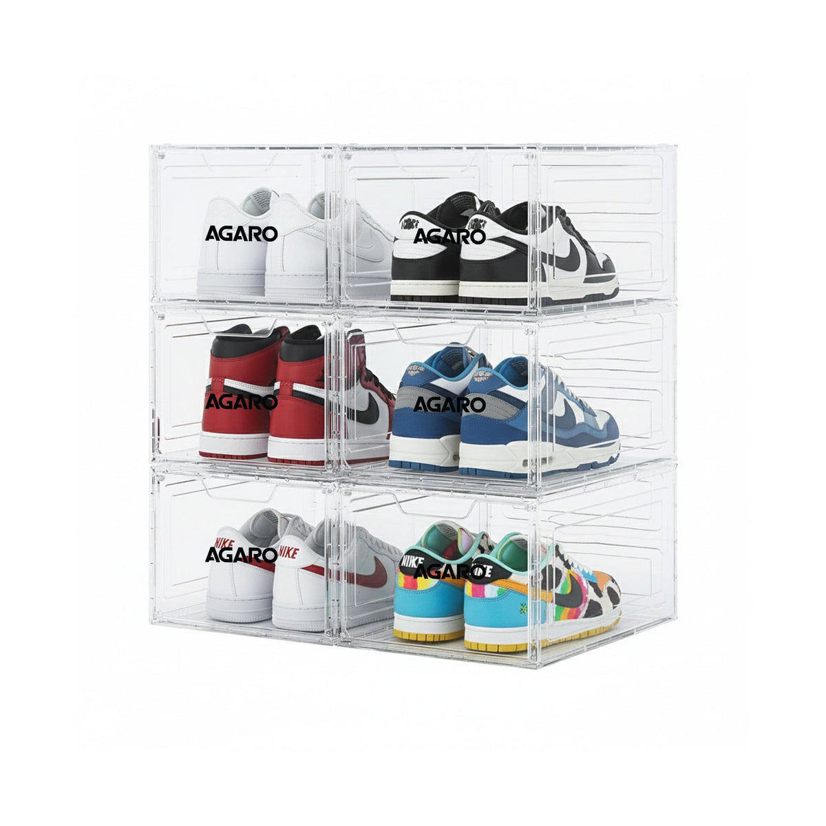 AGARO Stackable Shoe Storage Box Organizer | Heavy Duty, Transparent, Plastic Sneaker Crates Container with Magnetic Doo