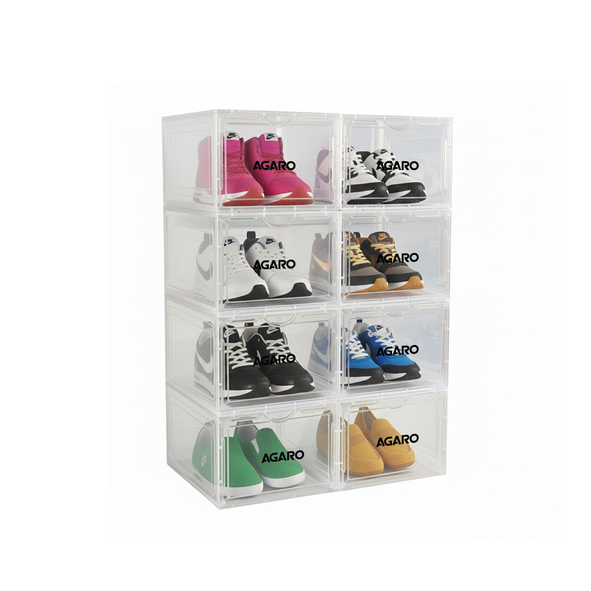 AGARO Stackable Shoe Storage Box Organizer | Heavy Duty, Transparent, Plastic Sneaker Crates Container with Magnetic Doo