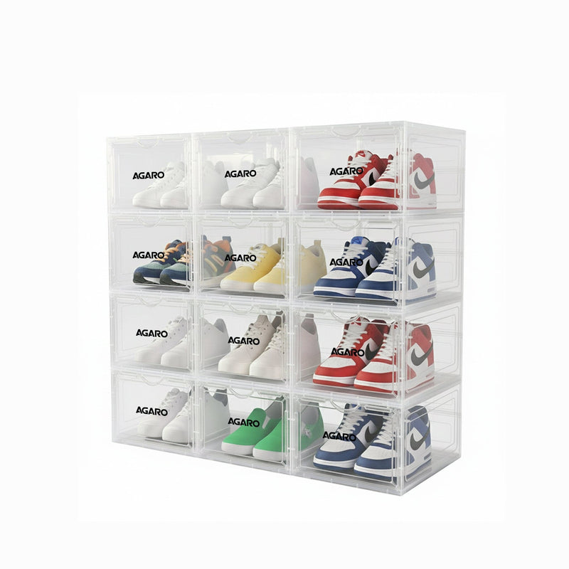 AGARO Stackable Shoe Storage Box Organizer | Heavy Duty, Transparent, Plastic Sneaker Crates Container with Magnetic Doo