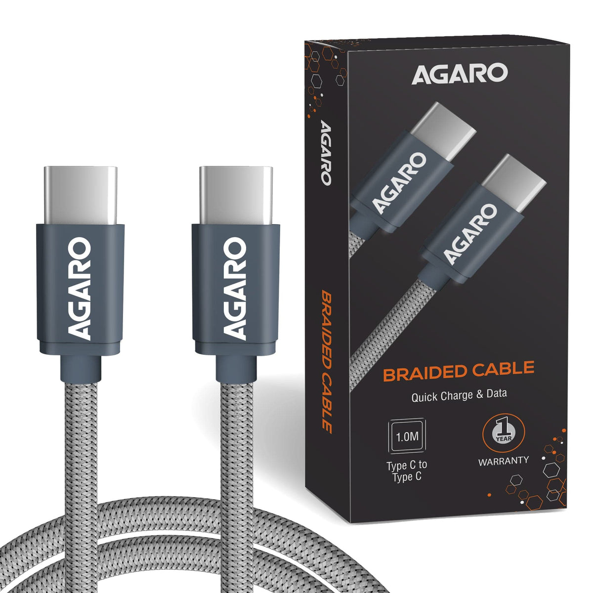 AGARO USB Type C To Type C Braided Sync & Fast Charging Cable, Compatible With Mobile, Laptop & Tablets, 3.2 Feet (1M), 