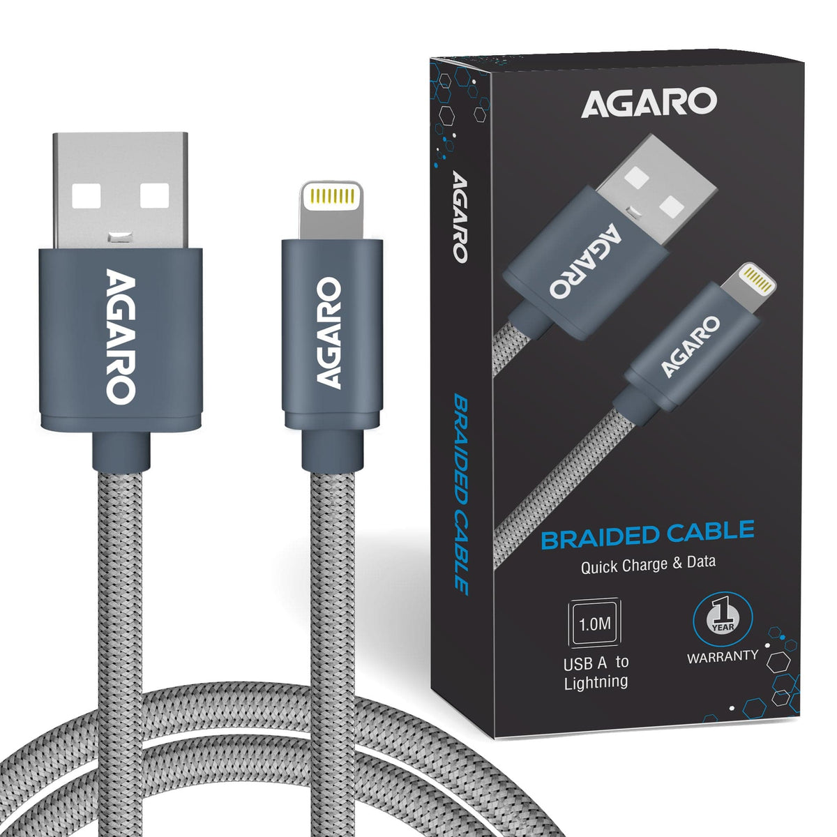 AGARO USB A to Lightning Braided Sync & Charge Cable For iPhone, iPad and iPod, Fast Charging Lightning Cable, 3.2 Feet 