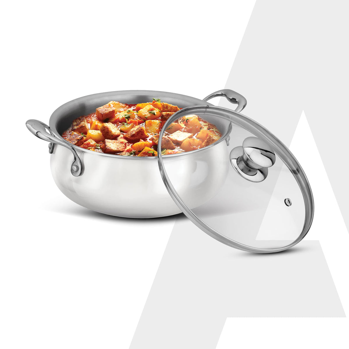 AGARO Regency 3.5 L Triply Stainless Steel Handi with Glass Lid, Tri-Ply Induction & Gas Compatible, Even Heat Distribution, Non-Toxic Steel Cookware, Biryani Pot for Rice, Curry & Daily Cooking