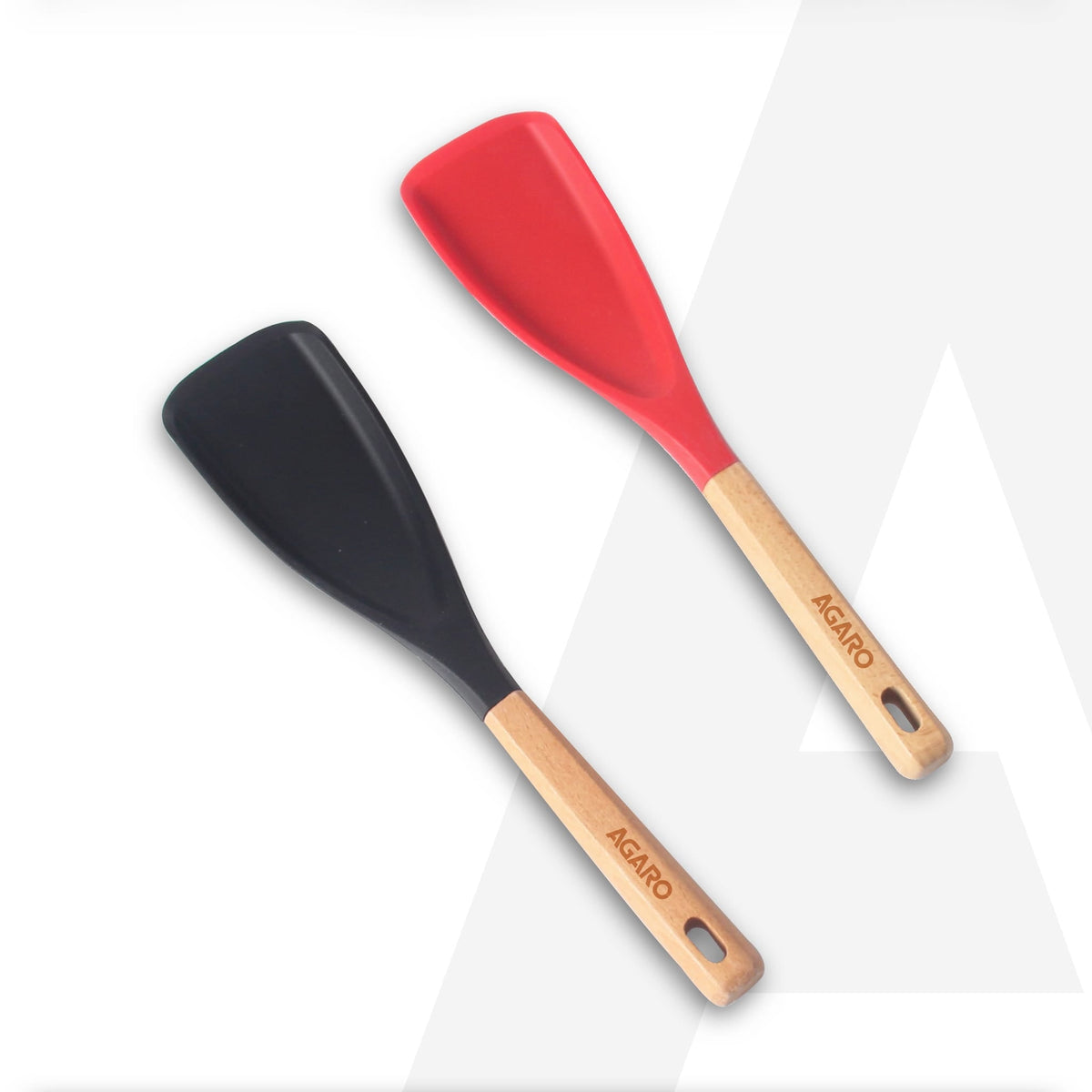 AGARO Royal Silicone Spatula Set of 2 with Wooden Handle, Heat Resistant Food Grade Silicone Kitchen Spatulas for Cooking, Baking & Mixing, Flexible Non-Stick Cookware BPA Free Utensils, Black & Red