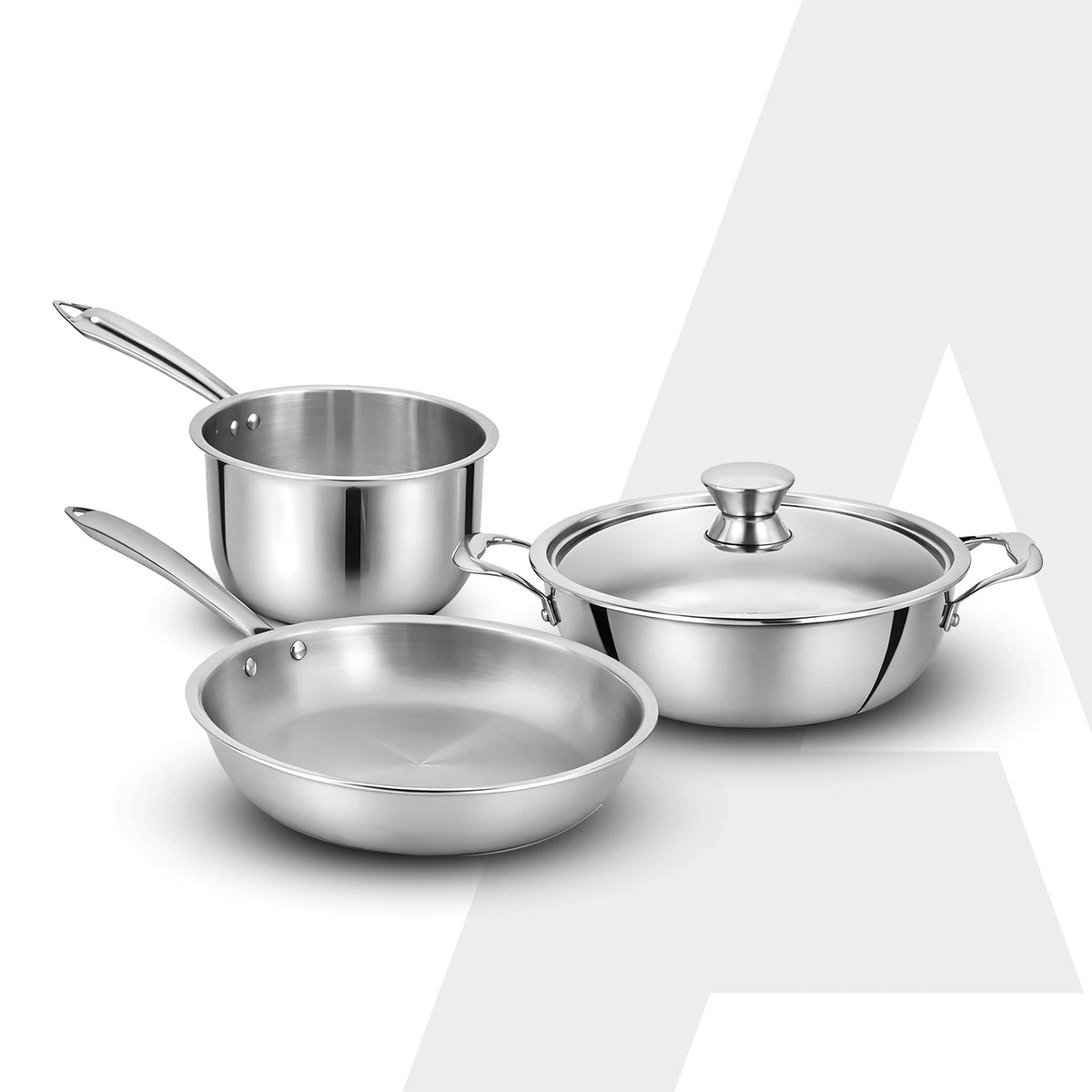 AGARO Regency Triply Cookware Set of 3, 24 cm Kadai (2.7L), 24 cm Fry Pan (2.2L) & 16 cm Saucepan (1.5L)