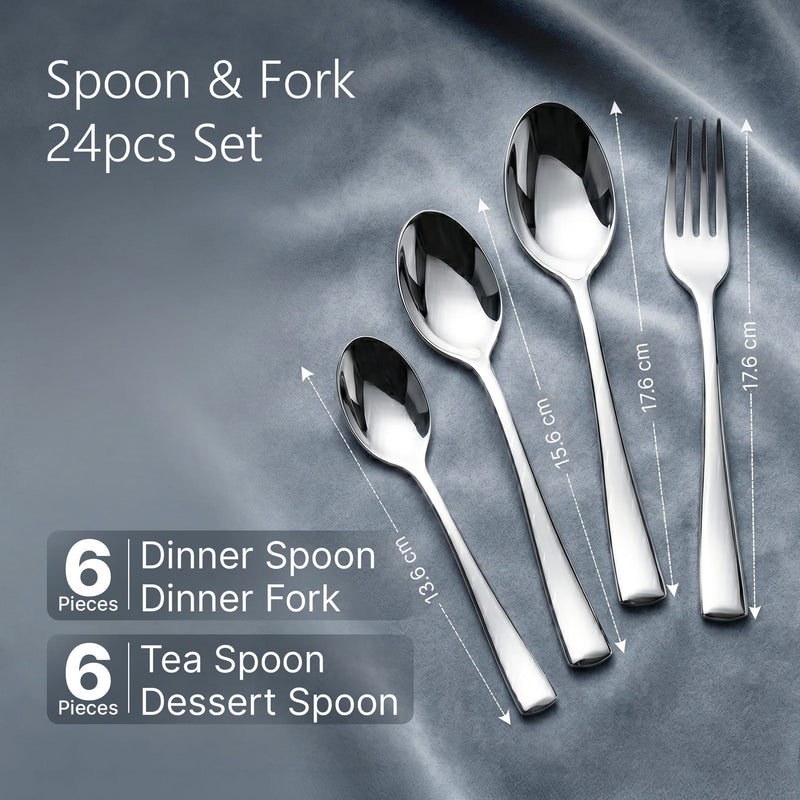 AGARO Elite 24 Pieces Stainless Steel Cutlery Set for Dining Table, Silver Mirror Finish Spoon & Fork Set, 6 Tea Spoons, 6 Dinner Spoons, 6 Dinner Forks & 6 Dessert Spoons, Food Grade, Dishwasher Safe-2