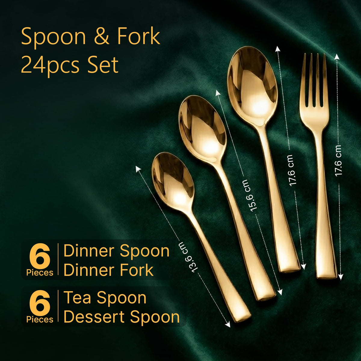 AGARO Regal 24 Pieces Gold Stainless Steel Cutlery Set for Dining Table, Premium Mirror Finish, 6 Tea Spoons, 6 Dinner Spoons, 6 Dinner Forks & 6 Dessert Spoons, Food Grade, Rust Resistant-2