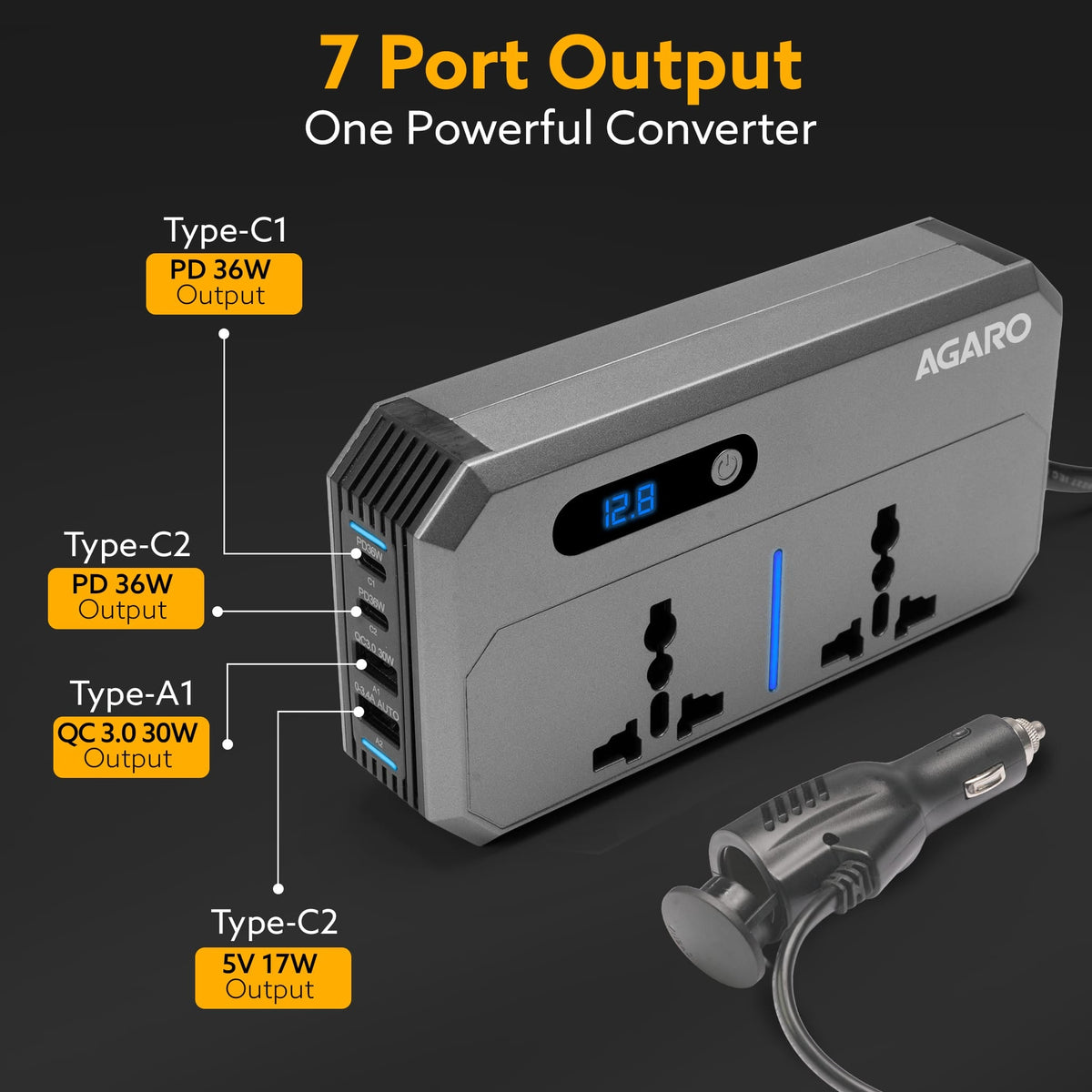 AGARO Elite 200W Car Power Inverter, 7-in-1 Converter with PD36W Type-C, QC3.0 30W USB-A, 2 AC Outlets, Car Outlet, Master Switch & LCD Display for Laptops & Phones-2