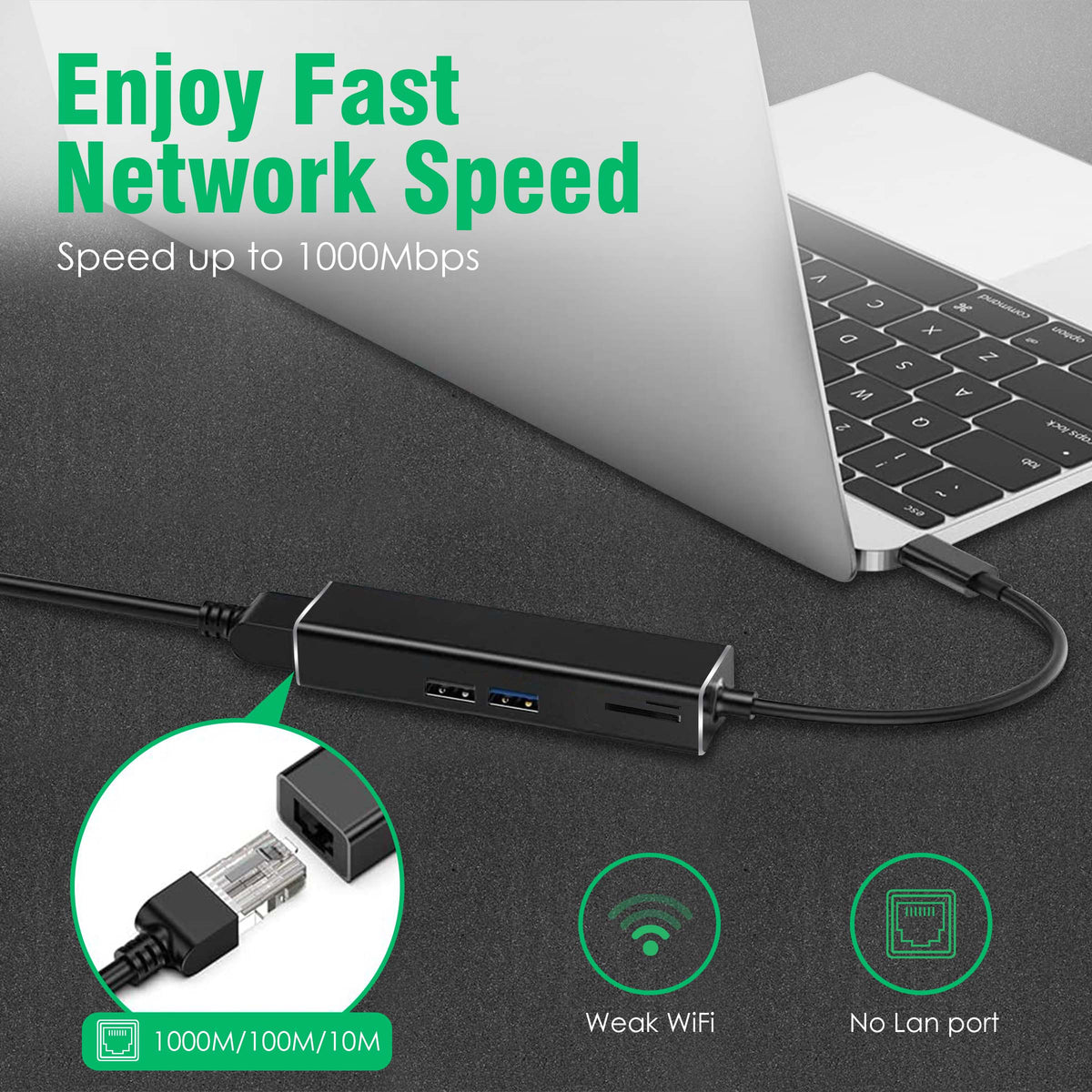 AGARO 5in1 Type C to USB A + MMC + Ethernet Converter, 2 USB 3.0, SD And TF Card Reader for Smartphone, Charging Adapter