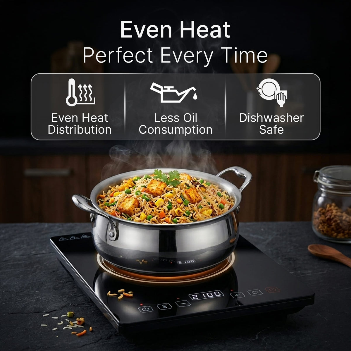 AGARO Regency 3.5 L Triply Stainless Steel Handi with Glass Lid, Tri-Ply Induction & Gas Compatible, Even Heat Distribution, Non-Toxic Steel Cookware, Biryani Pot for Rice, Curry & Daily Cooking