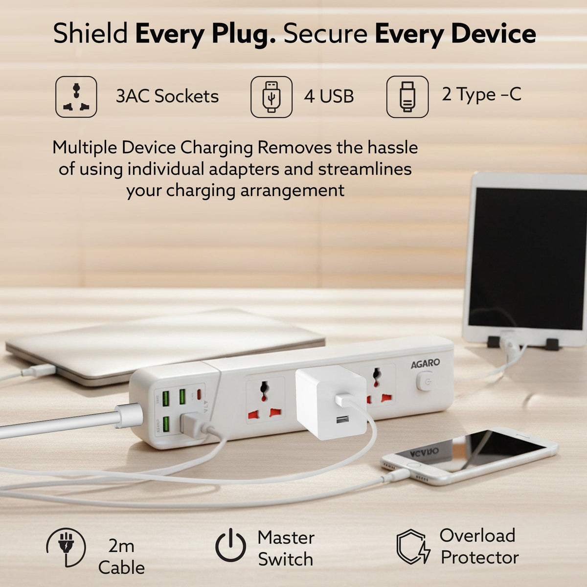 AGARO Regal Extension Board 3 Universal Sockets, 4 USB + 2 Type-C Fast Charging, 2500W-4