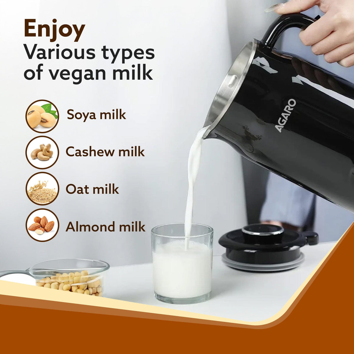 AGARO Regency Automatic Nut Milk Maker, Vegan Milk Machine, Make Vegan Milk From Nuts, Almonds, Soya, Oats etc, Boil Wat
