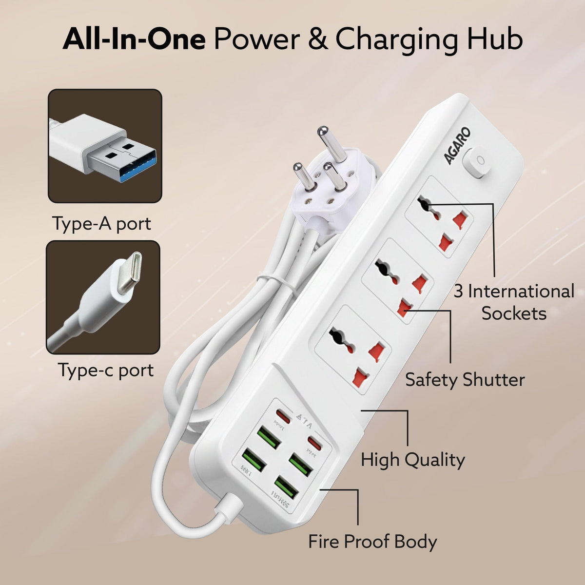AGARO Regal Extension Board 3 Universal Sockets, 4 USB + 2 Type-C Fast Charging, 2500W-2