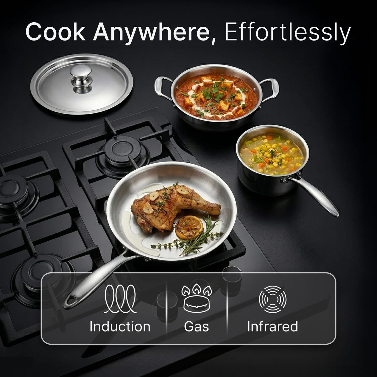 AGARO Regency Triply Cookware Set of 3, 24 cm Kadai (2.7L), 24 cm Fry Pan (2.2L) & 16 cm Saucepan (1.5L)-3
