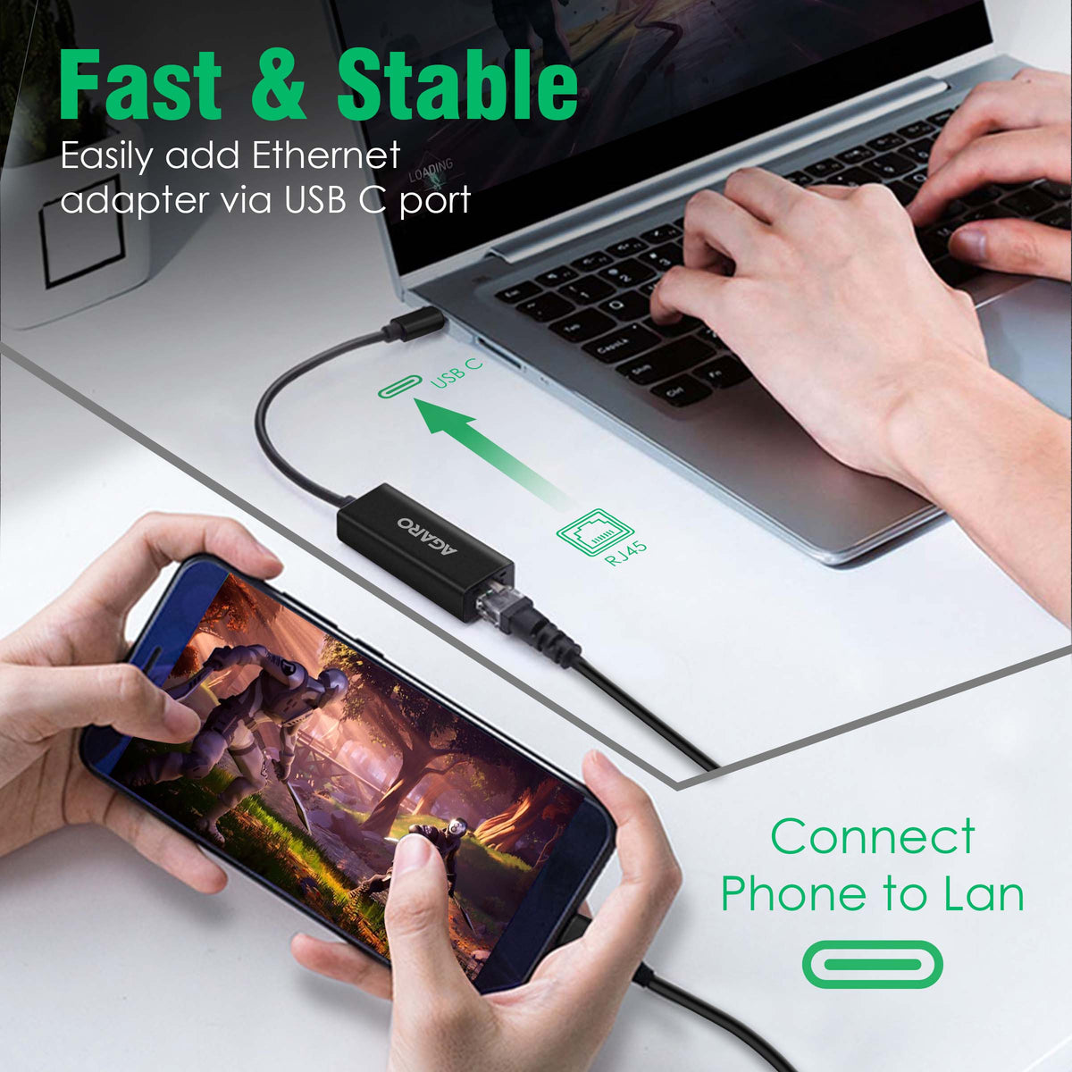 AGARO USB C to Ethernet Adapter, 4-in-1 RJ45 to USB C Thunderbolt 3/Type-C Gigabit Ethernet LAN Network Adapter