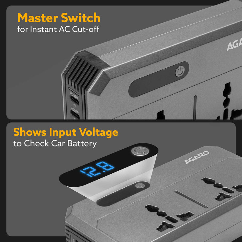 AGARO Elite 200W Car Power Inverter, 7-in-1 Converter with PD36W Type-C, QC3.0 30W USB-A, 2 AC Outlets, Car Outlet, Master Switch & LCD Display for Laptops & Phones-4
