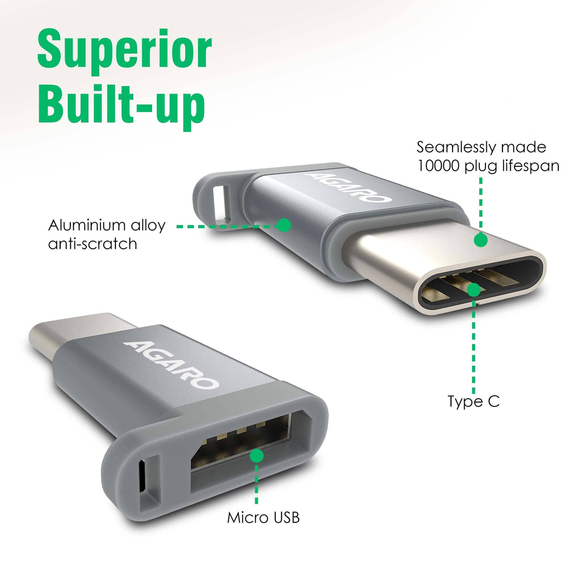AGARO Micro USB to Type-C OTG Adapter - (Metallic Grey)