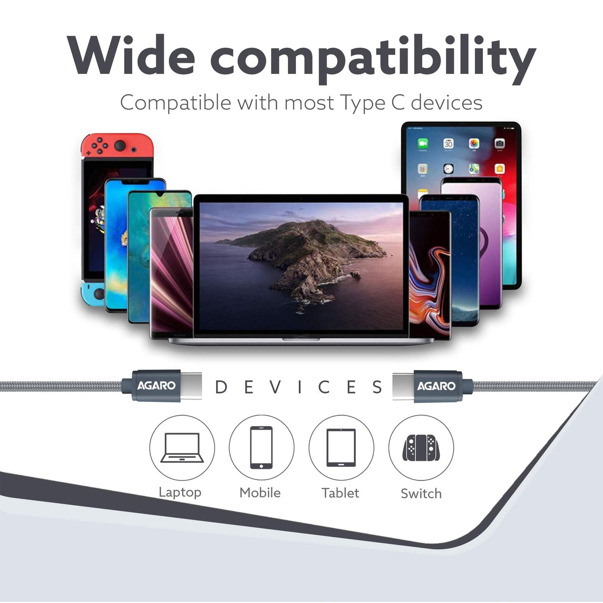 AGARO USB Type C To Type C Braided Sync & Fast Charging Cable, Compatible With Mobile, Laptop & Tablets, 3.2 Feet (1M), 