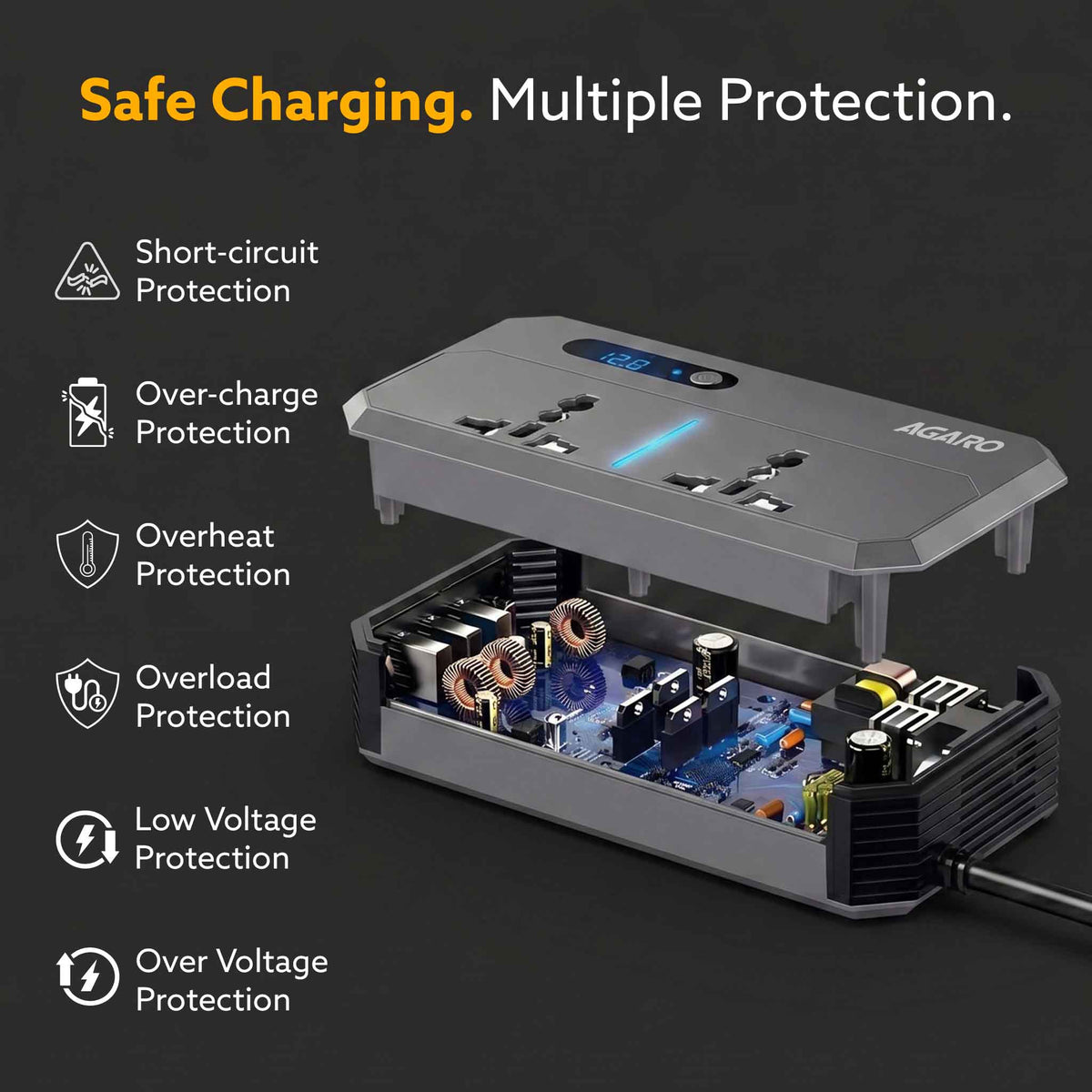 AGARO Elite 200W Car Power Inverter, 7-in-1 Converter with PD36W Type-C, QC3.0 30W USB-A, 2 AC Outlets, Car Outlet, Master Switch & LCD Display for Laptops & Phones-5