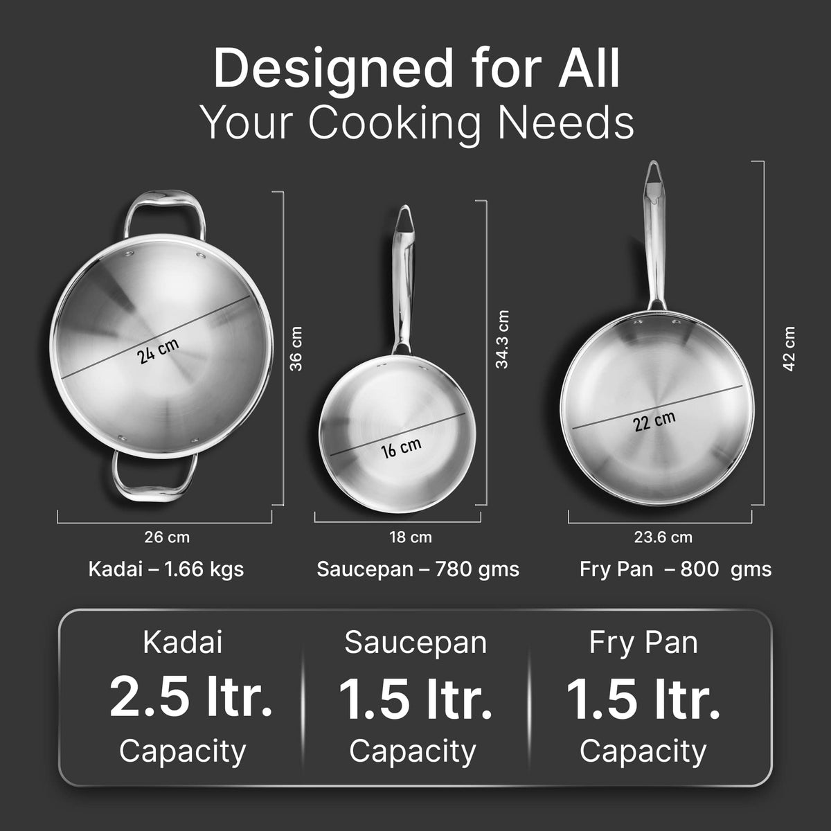 AGARO Regency Triply Cookware Set of 3, 24 cm Kadai (2.7L), 24 cm Fry Pan (2.2L) & 16 cm Saucepan (1.5L)-5