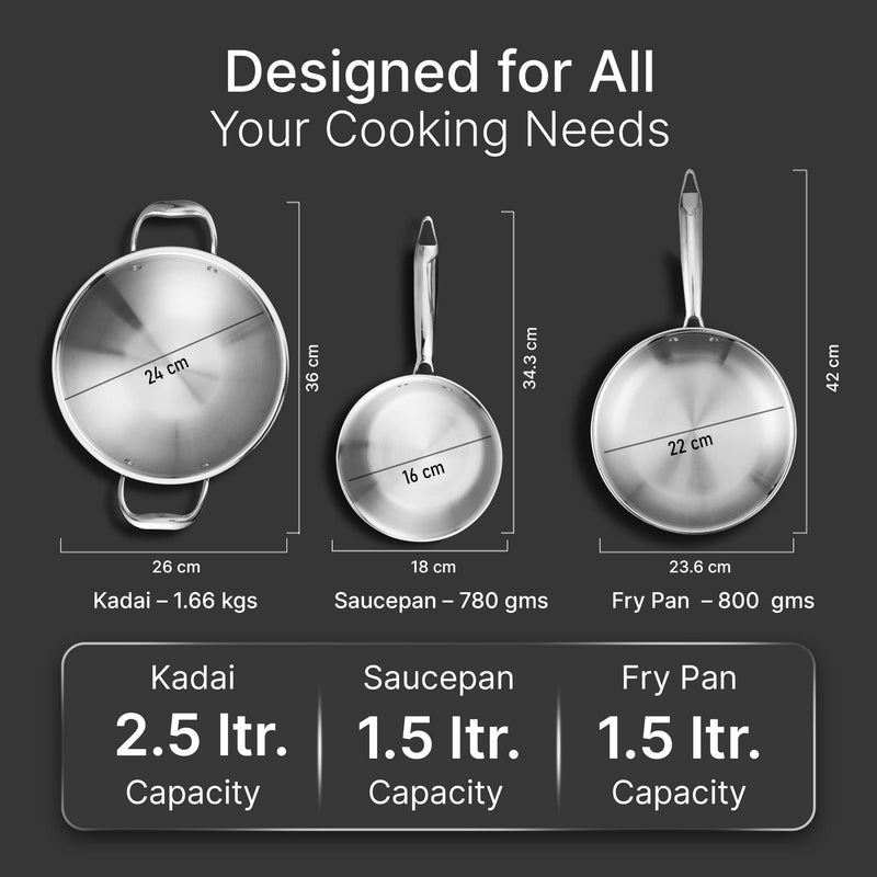 AGARO Regency Triply Cookware Set of 3, 24 cm Kadai (2.7L), 24 cm Fry Pan (2.2L) & 16 cm Saucepan (1.5L)-5