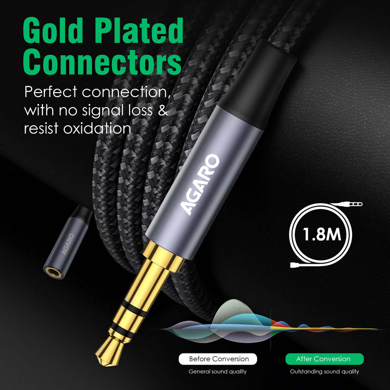 AGARO 3.5mm Aux Male to Female Extension Cable, Audio Cable with Microphone Gold Plated Jack Nylon Braided for Car, Media Player & More 1.8 Meter (5.9 Ft), Silver & Black-5