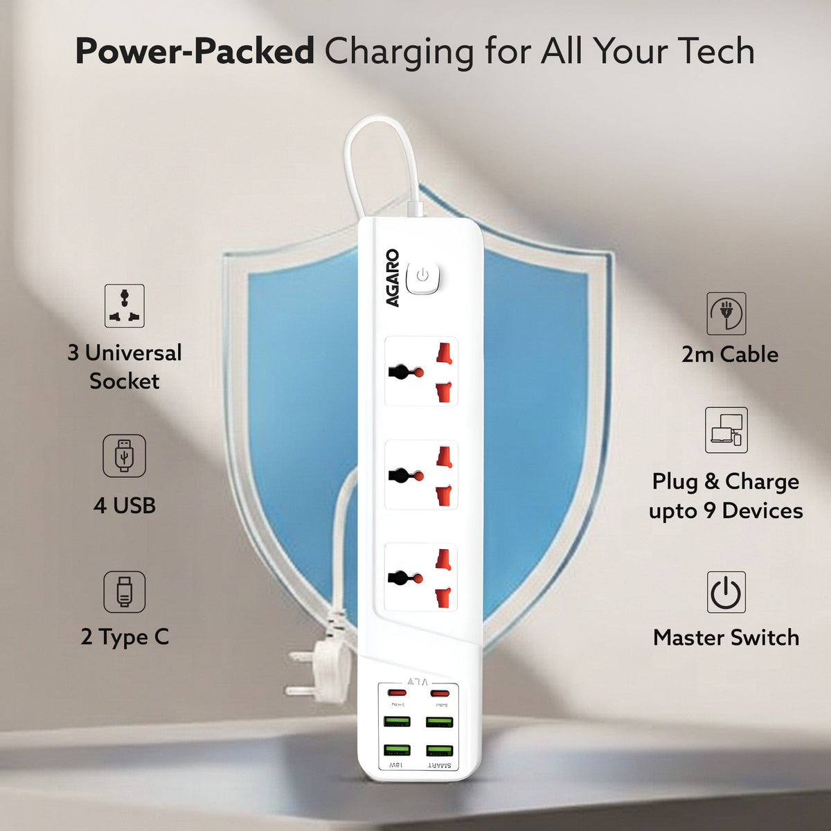 AGARO Regal Extension Board 3 Universal Sockets, 4 USB + 2 Type-C Fast Charging, 2500W-3