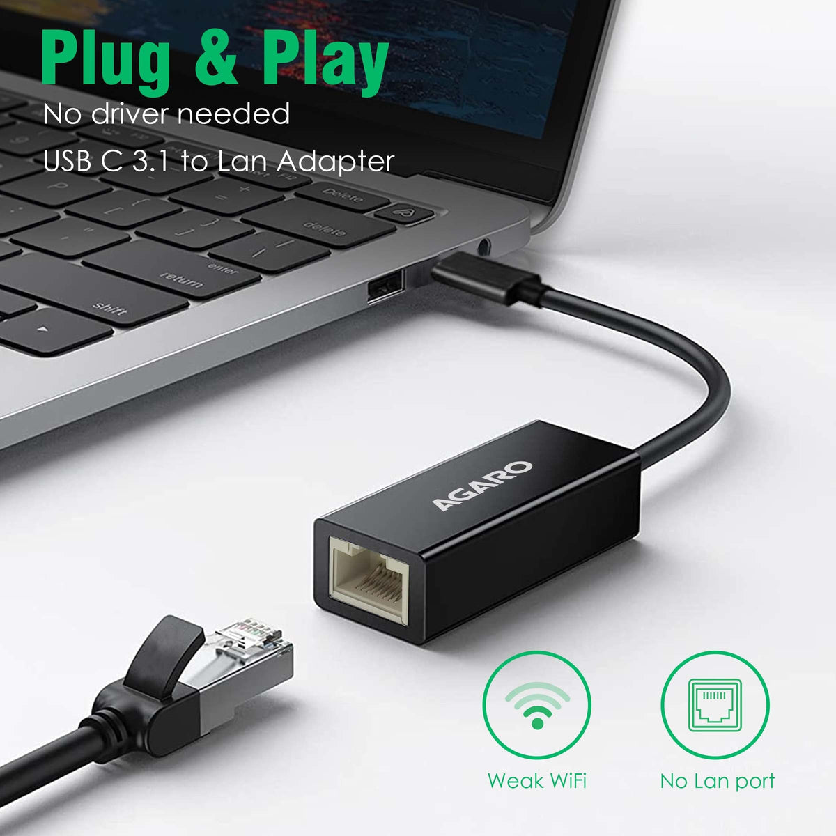 AGARO USB C to Ethernet Adapter, 4-in-1 RJ45 to USB C Thunderbolt 3/Type-C Gigabit Ethernet LAN Network Adapter