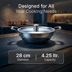 AGARO Regency 28 cm Triply Stainless Steel Kadai with Lid, 4L-5