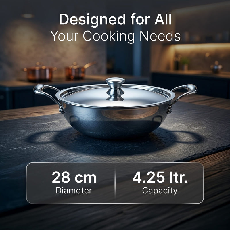 AGARO Regency 28 cm Triply Stainless Steel Kadai with Lid, 4L-5