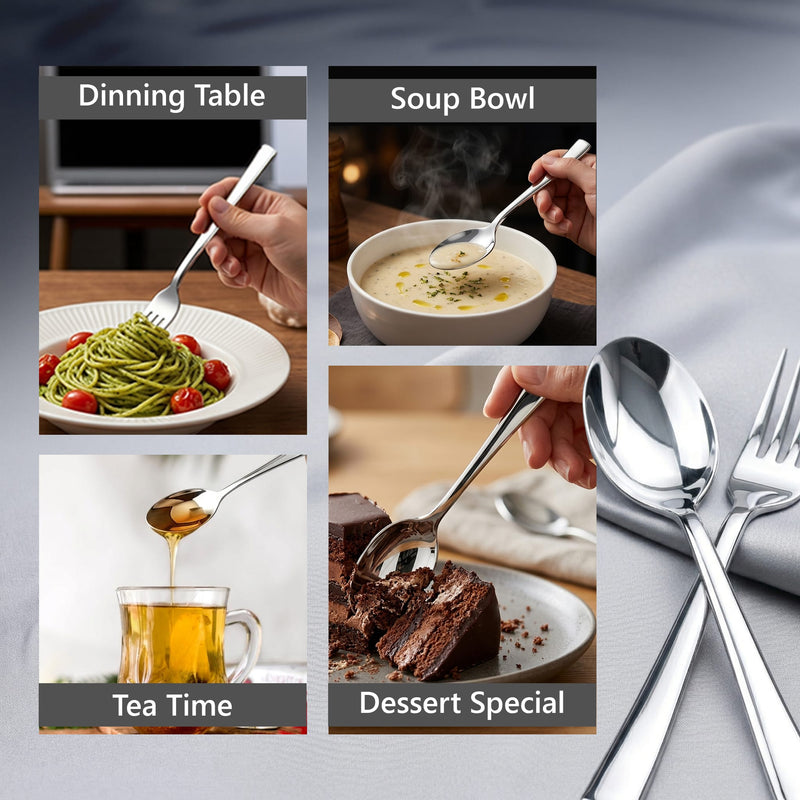 AGARO Elite 24 Pieces Stainless Steel Cutlery Set for Dining Table, Silver Mirror Finish Spoon & Fork Set, 6 Tea Spoons, 6 Dinner Spoons, 6 Dinner Forks & 6 Dessert Spoons, Food Grade, Dishwasher Safe-6